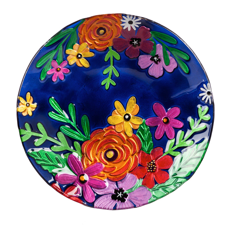 Evergreen 18" Hand Painted Embossed Glass Bird Bath, Bright Florals, 18.1'' x 18.1'' x 1.6''