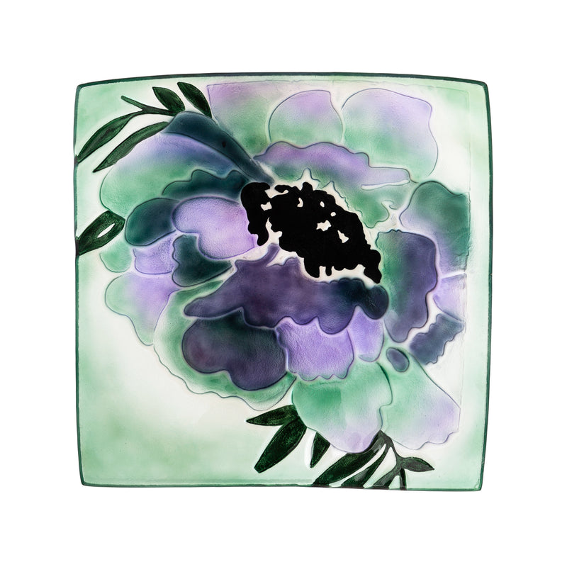 16.5" Hand Painted Embossed Square Glass Bird Bath, Purple Geranium,2gb6899