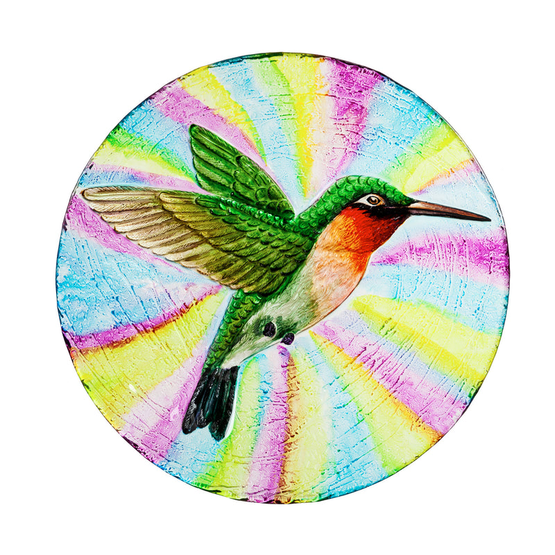 Evergreen 18" Hand Painted Glass Bird Bath with Oil Paint Finish, Hummingbird, 18'' x 18'' x 2''