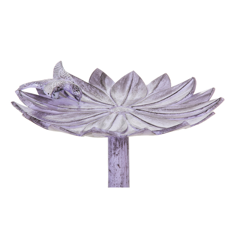 Evergreen 16" Metal Purple Floral Bird Bath with Perched Bird, 15.5'' x 16'' x 20''