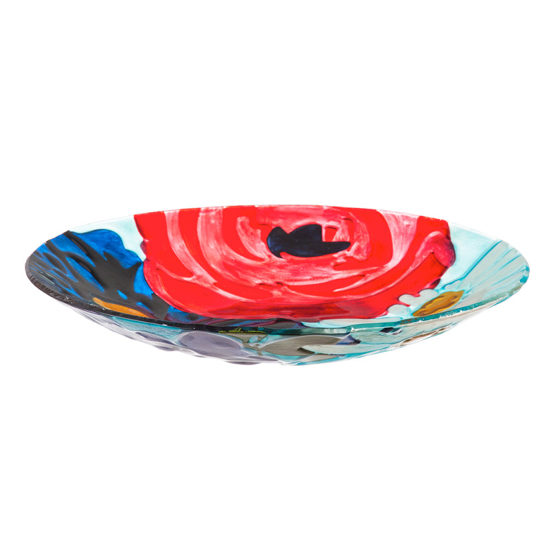 Evergreen 18" Hand Painted Embossed Glass Bird Bath, Red/White/Blue Florals, 18.1'' x 18.1'' x 1.6''