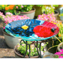18" Hand Painted Embossed Glass Bird Bath, Red/White/Blue Florals,2gb6921