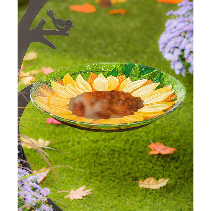 18" Hand Painted Embossed Glass Bird Bath, Fall Sunflower,2gb6931