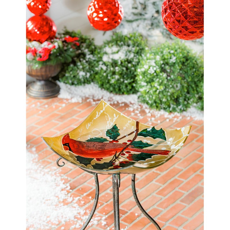 Evergreen Bird Bath,16.5" Hand Painted Embossed Square Glass Bird Bath, Holiday Cardinal,16.5x16.5x2.36 Inches
