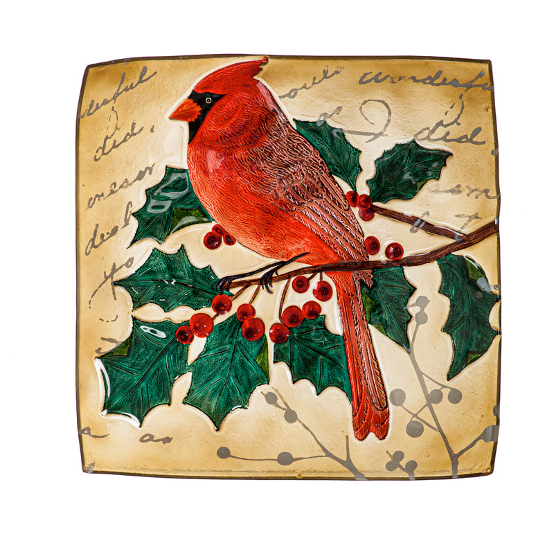Evergreen Bird Bath,16.5" Hand Painted Embossed Square Glass Bird Bath, Holiday Cardinal,16.5x16.5x2.36 Inches