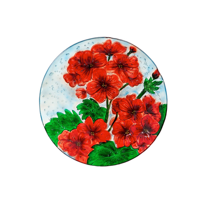 18" Hand Painted and Embossed Pebble Glass Bird Bath, Geranium, 18.11"x18.11"x1.57"inches