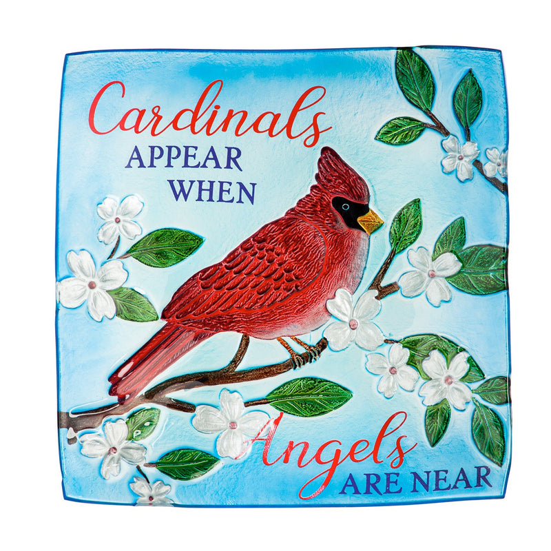 16.5" Hand Painted Embossed Square Glass Bird Bath, Cardinals Appear, 16.5"x16.5"x4.7"inches