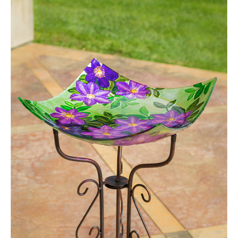 16.5" Hand Painted Embossed Square Glass Bird Bath, Purple Floral, 16.5"x16.5"x4.7"inches
