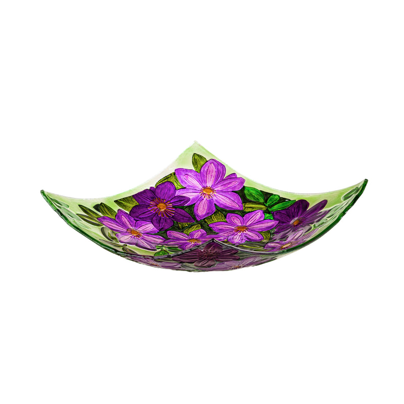 16.5" Hand Painted Embossed Square Glass Bird Bath, Purple Floral, 16.5"x16.5"x4.7"inches