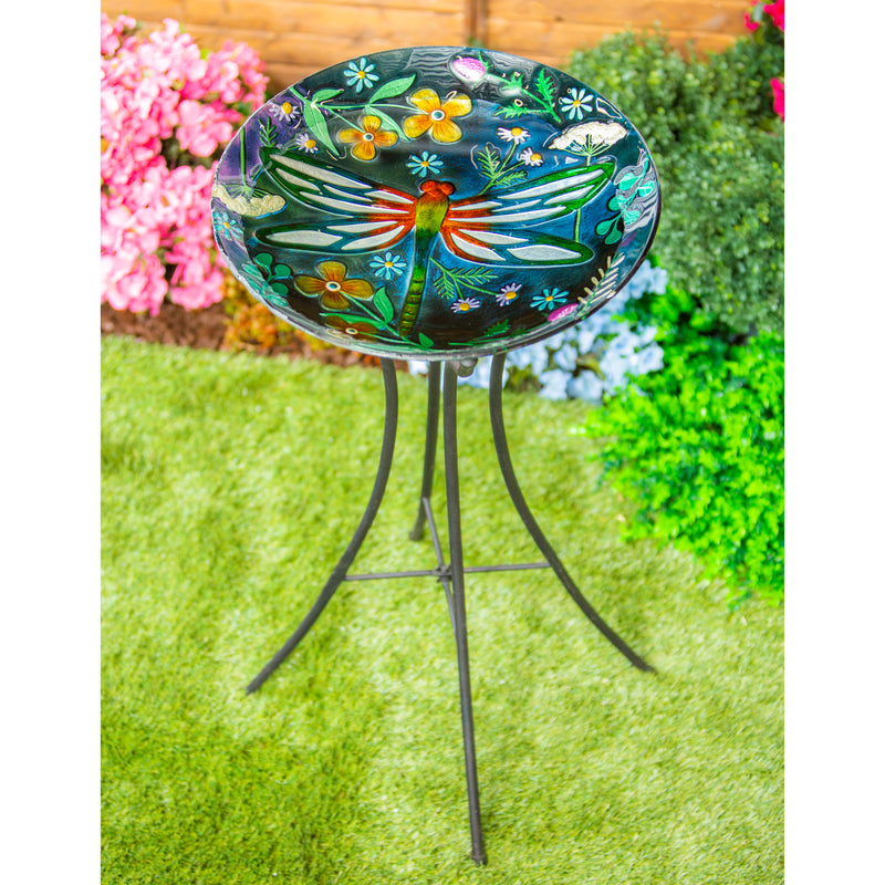 Evergreen Bird Bath,18" Hand Painted and Embossed Bird Bath, Dragonfly Meadow,18.11x18.11x1.57 Inches
