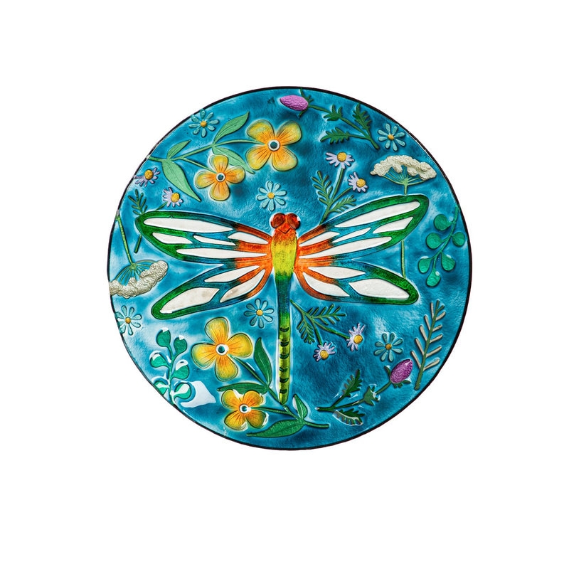 18" Hand Painted and Embossed Bird Bath, Dragonfly Meadow, 18.11"x18.11"x1.57"inches