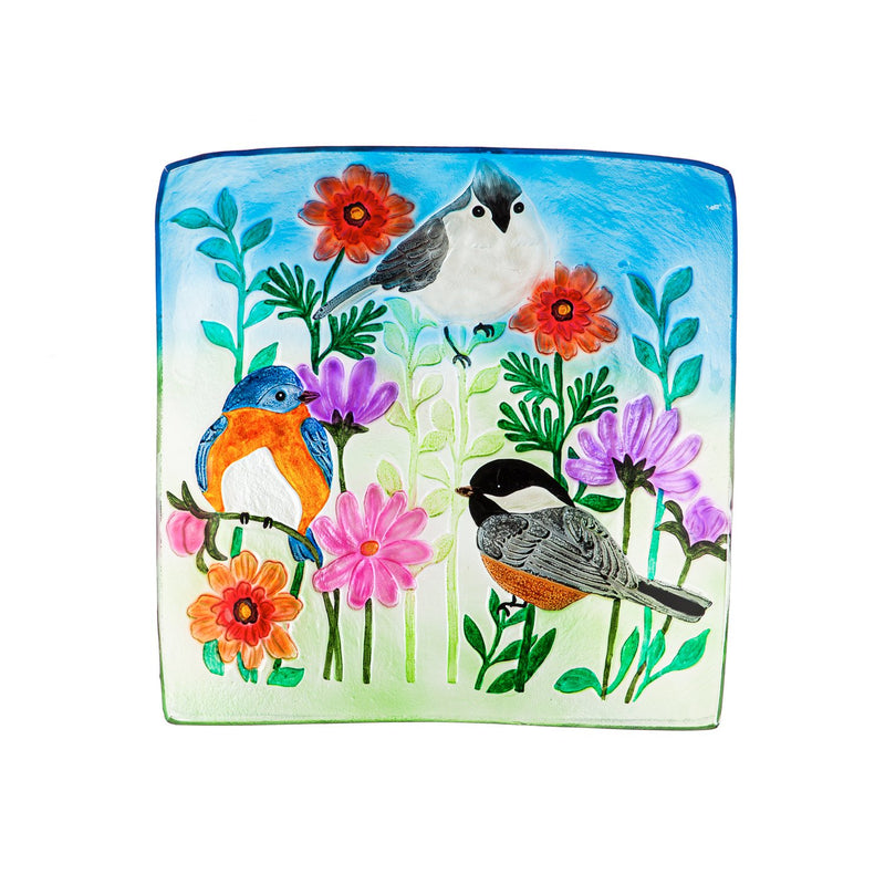 16.5" Hand Painted Embossed Square Glass Bird Bath, Trio of Birds, 16.5"x16.5"x4.7"inches
