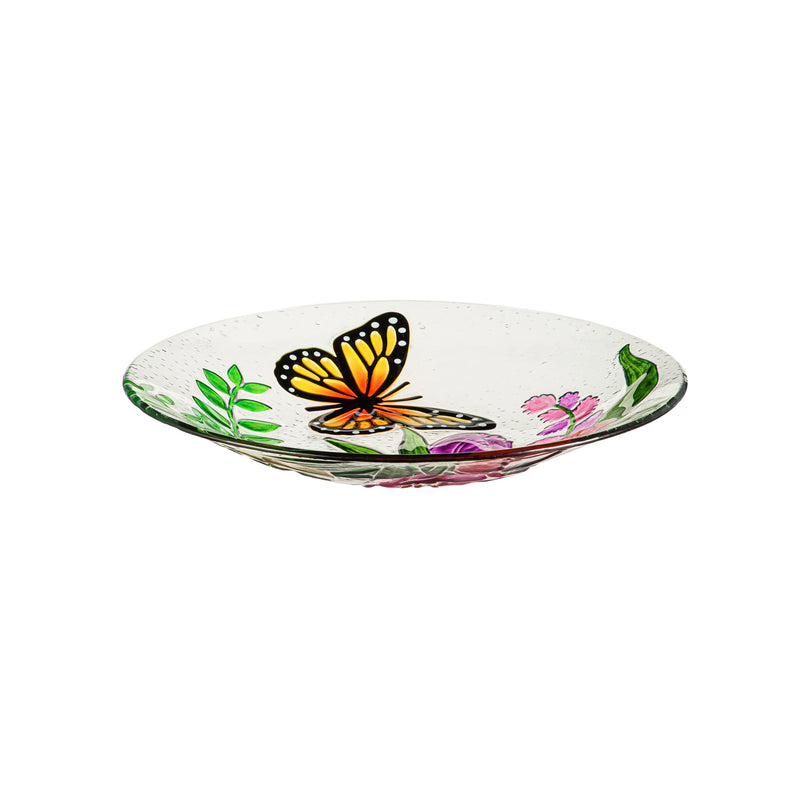 18" Hand Painted and Embossed Bird Bath, Monarch Butterfly and Tulip, 18.11"x18.11"x1.57"inches