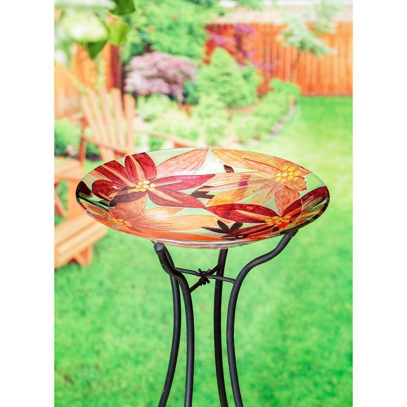 18" Hand Painted and Embossed Bird Bath, Pink Floral, 18.11"x18.11"x1.57"inches