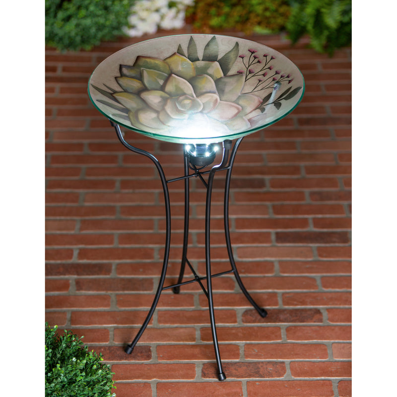 18" Hand Painted and Embossed Glass Bird Bath with Solar Stand, Succulent,2gb6982