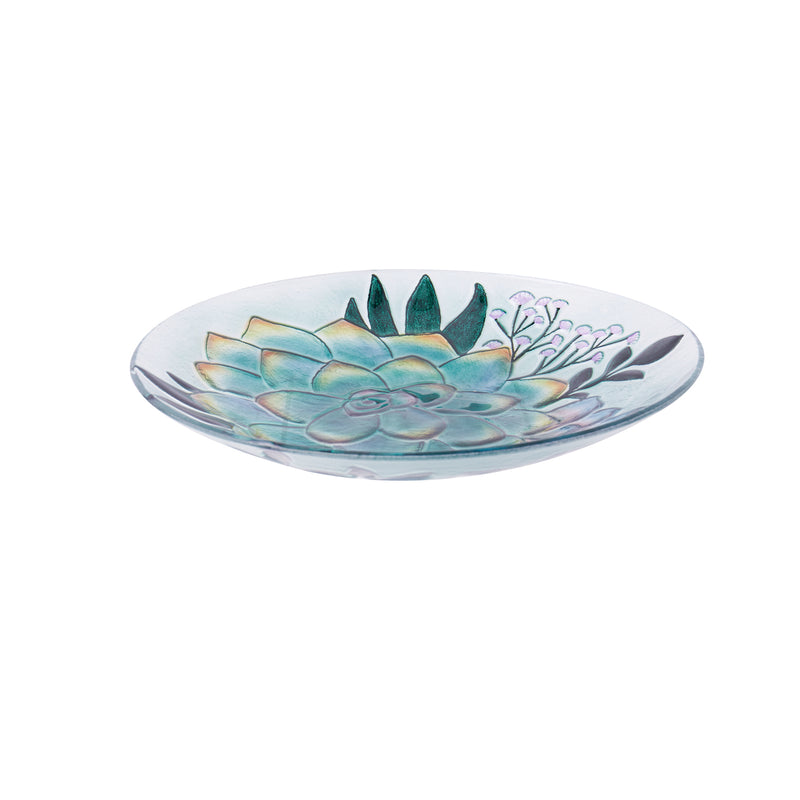 18" Hand Painted and Embossed Glass Bird Bath with Solar Stand, Succulent,2gb6982