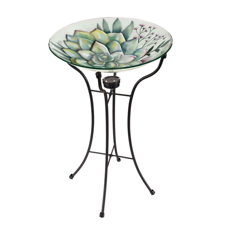 18" Hand Painted and Embossed Glass Bird Bath with Solar Stand, Succulent,2gb6982