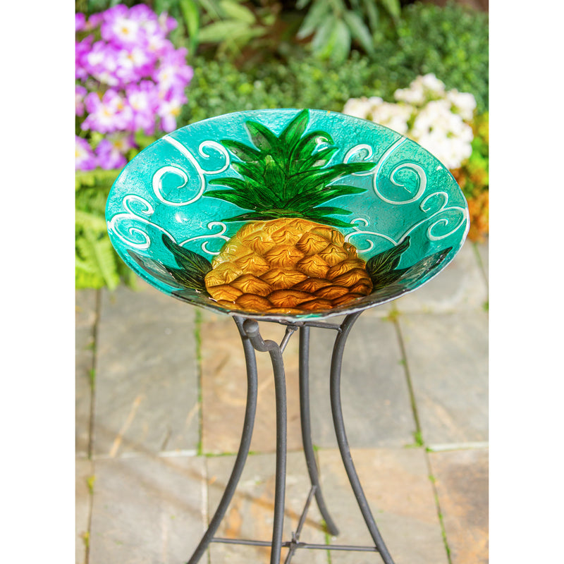 18" Hand Painted and Embossed Glass Bird Bath, Pineapple,2gb6994