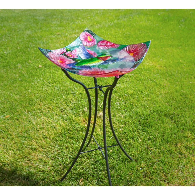 16.5" Hand Painted and Embossed Square Bird Bath, Hummingbird with Flowers, 16.5"x16.5"x4.7"inches