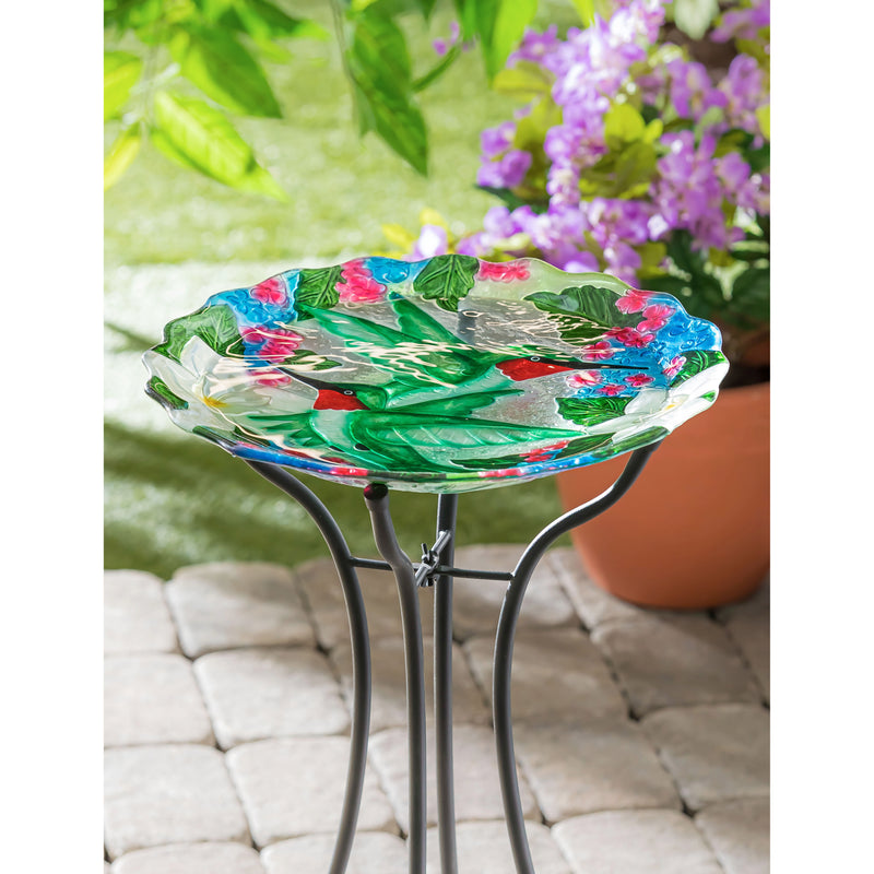 Evergreen Bird Bath,18"Hand Painted and Embossed Glass Shaped Bird Bath, Hummingbird Bouquets,18.11x18.11x1.57 Inches