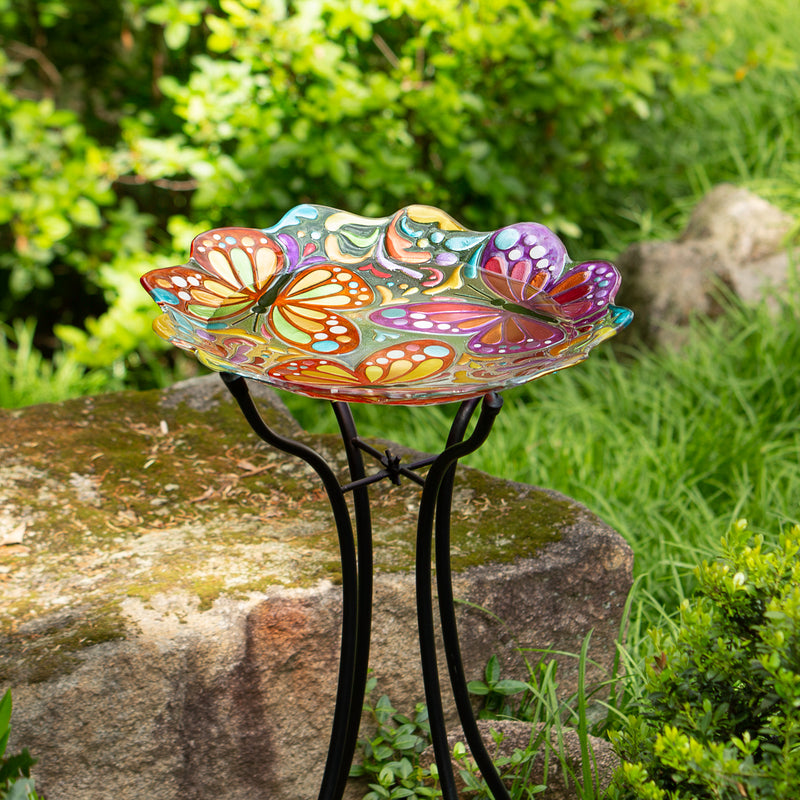 Evergreen Bird Bath,18" Sculpted Edge Butterfly Glass Bird Bath,18x18x2.5 Inches