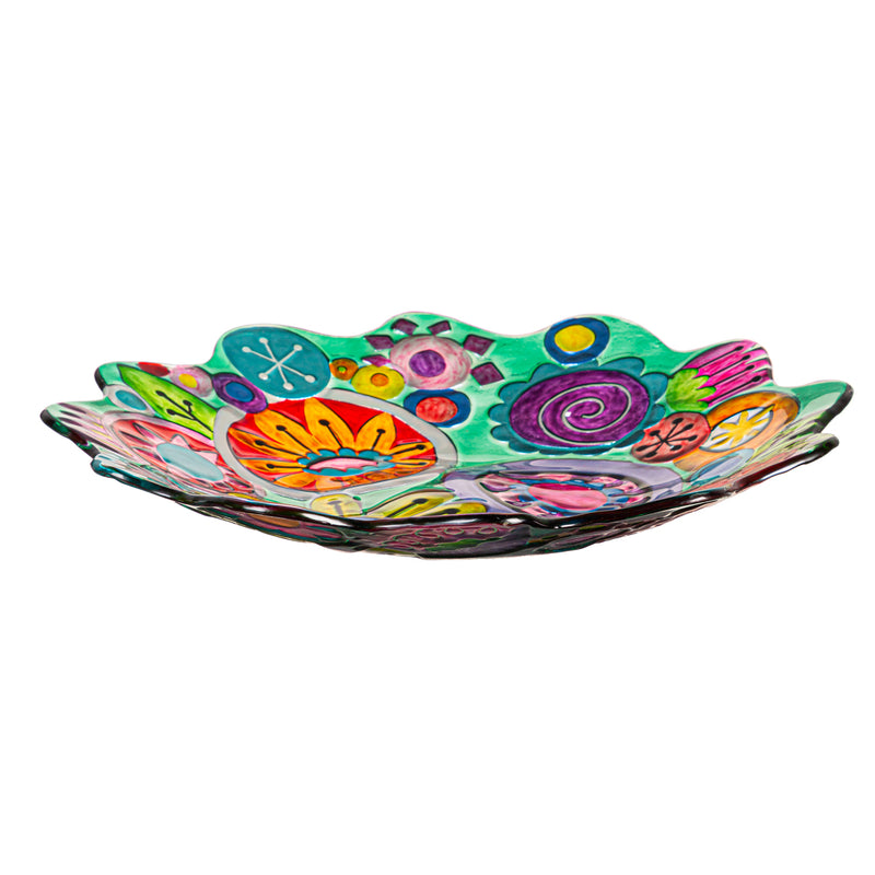 Evergreen Bird Bath,18" Abstract Floral Sculpted Edge Glass Bird Bath,18x18x2.5 Inches