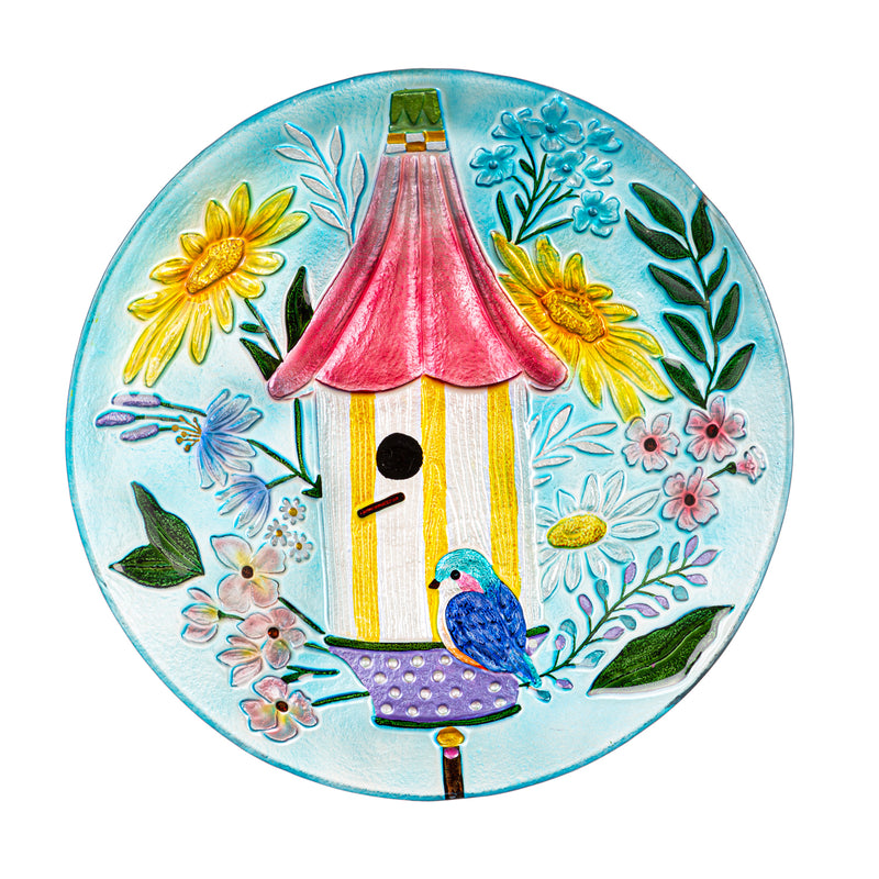 Evergreen Bird Bath,18" Floral Birdhouse Glass Bird Bath,18x18x2.36 Inches
