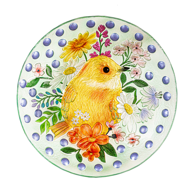 Evergreen Bird Bath,18" Yellow Bird and Polka Dots Glass Bird Bath,18x18x2.36 Inches