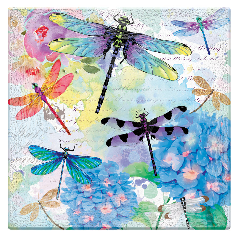 Evergreen Bird Bath,16.5" Hand Painted Embossed Square Glass Bird Bath, Dragonfly Prints,16.5x16.5x2.36 Inches
