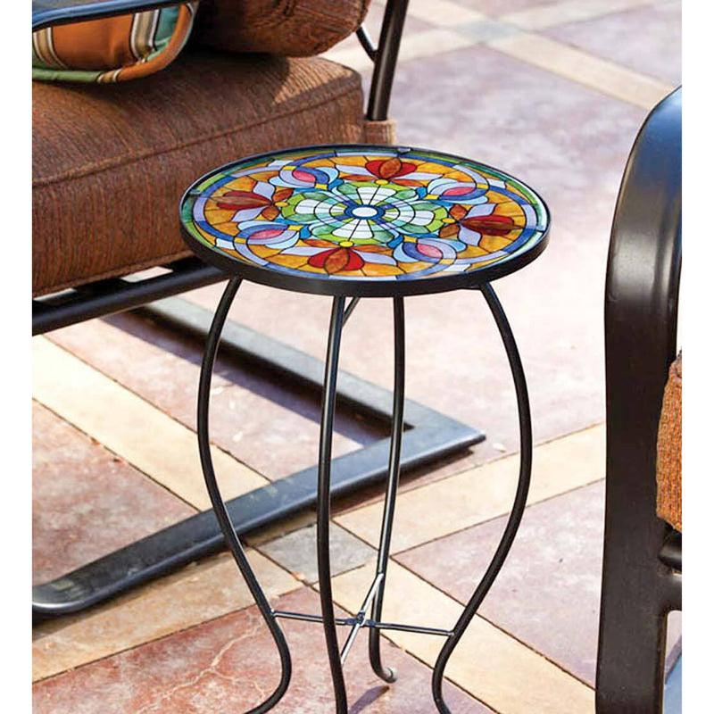 Evergreen Deck & Patio Decor,Glass Table, Tiffany Inspired Floral,12.1x12.1x20.7 Inches
