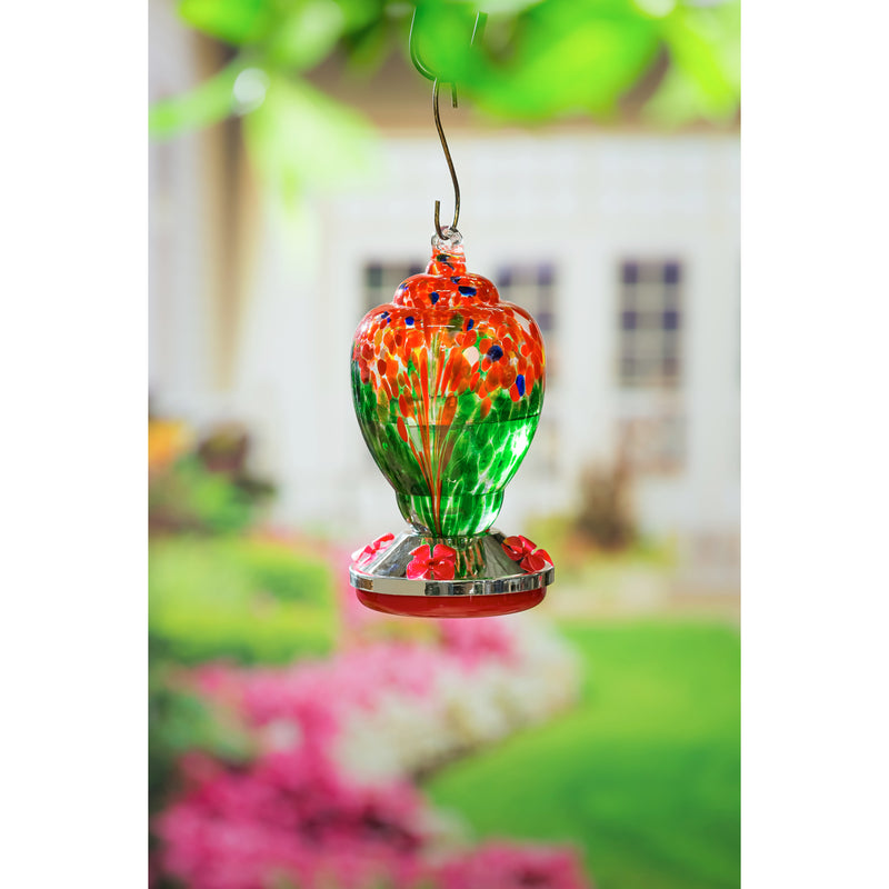 Red and Green Speckle Glass Hummingbird Feeder, Finial Shape,2hf290