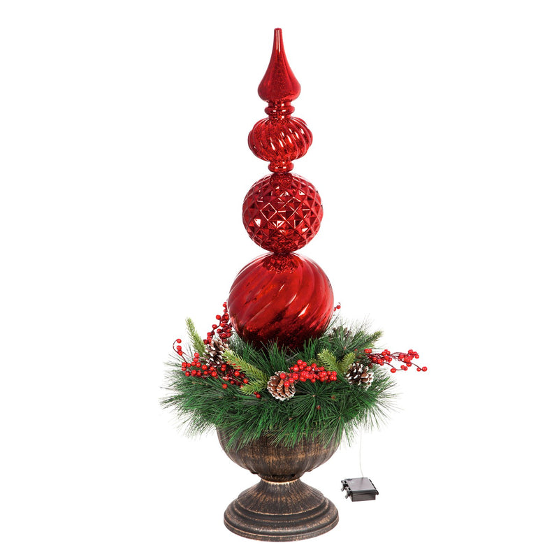 36"H Red Finial Shatterproof Battery Operated Twinkling White LED Ornament  with Wreath in Urn, 14"x14"x36"inches