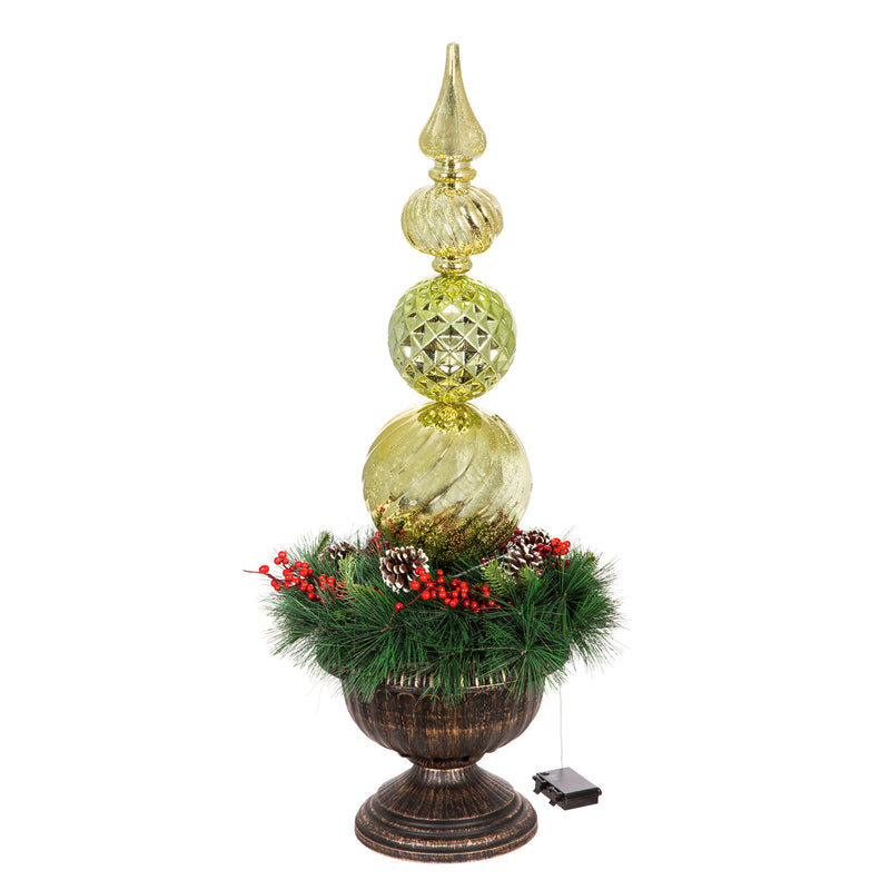 36"H Gold Finial Shatterproof Battery Operated Twinkling White LED Ornament  with Wreath in Urn, 14"x14"x36"inches