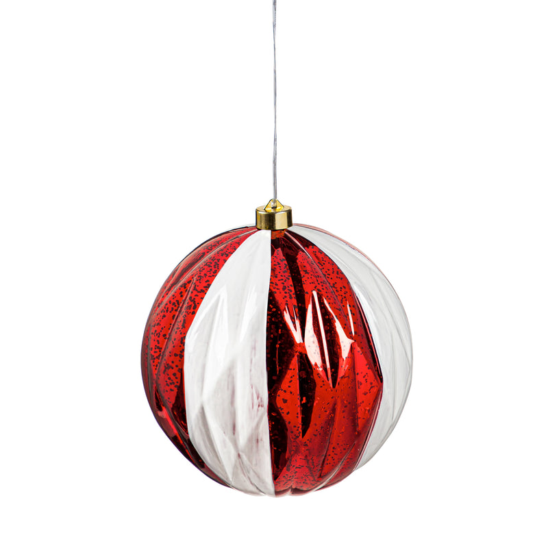 8" Shatterproof Outdoor Safe Battery Operated LED Ornament, Red and White Faceted Orb, 7.87"x7.87"x7.87"inches