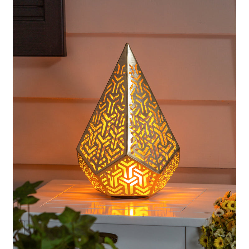 Gold Fire Flame Battery Operated Geomatrix Die Cut Lantern, Large,9.45"x9.45"x13.78"inches