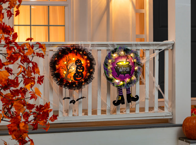 Pumpkins with Dangle Bats Lighted Deco Mesh Door Décor,2msh2582bl