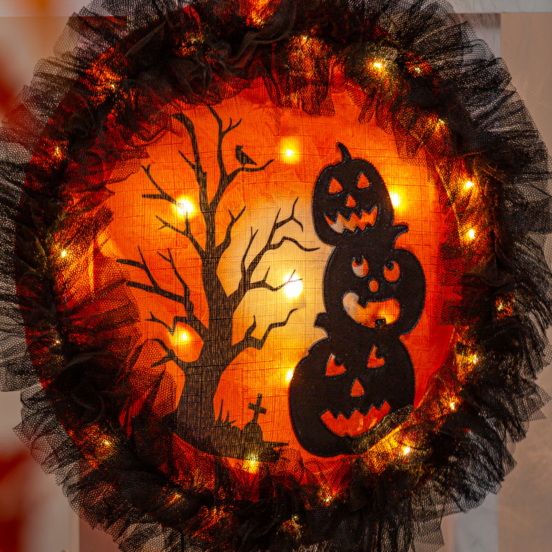 Pumpkins with Dangle Bats Lighted Deco Mesh Door Décor,2msh2582bl