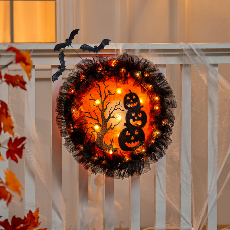 Pumpkins with Dangle Bats Lighted Deco Mesh Door Décor,2msh2582bl