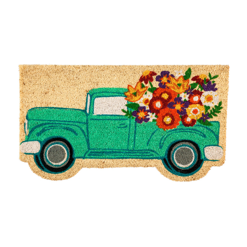 Evergreen Floormat,Mint Flower Truck Shaped Coir Mat,30x0.59x18 Inches