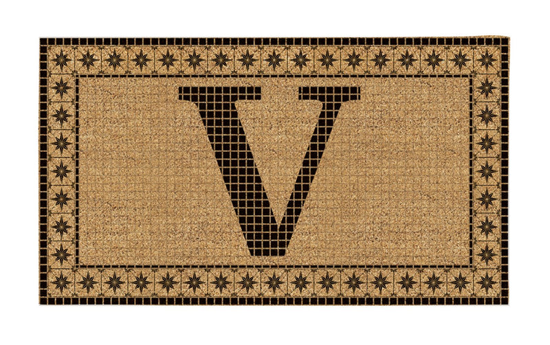 Monogram Flocked Coir  Vintage Tile Mat, Letter V,2rmc1296mv