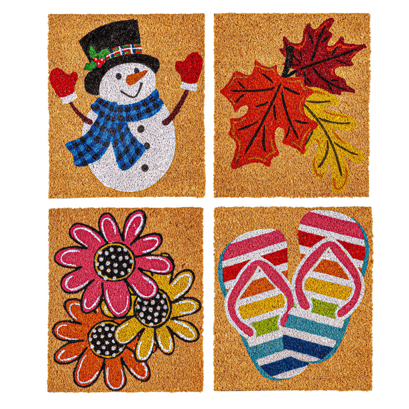 Evergreen Floormat,Seasonal Interchangeable Coir Mat Panel, Set of 4: Flowers/Flipflops/Leaves/Snowman,13.5x0.75x16.25 Inches