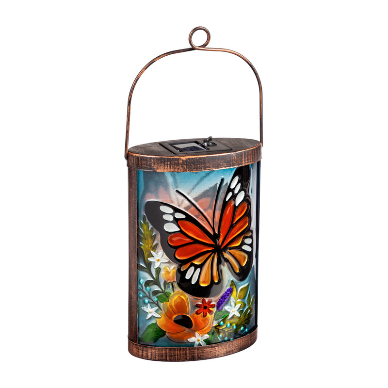 Handpainted Solar Glass Lantern, Florals and Monarch Butterfly,2sp6243