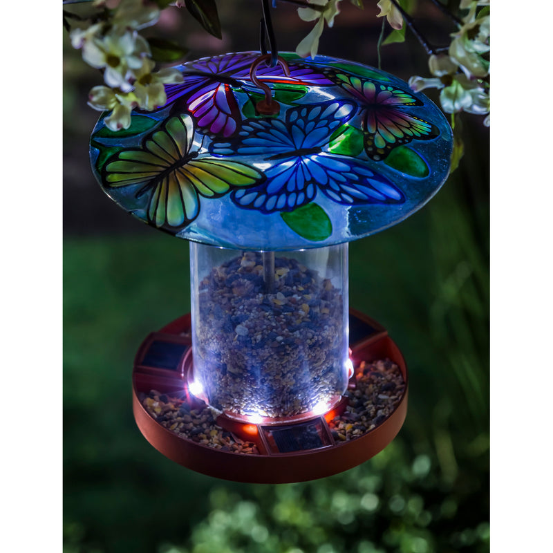 Solar Bird Feeder with Handpainted Embossed Glass, Butterflies