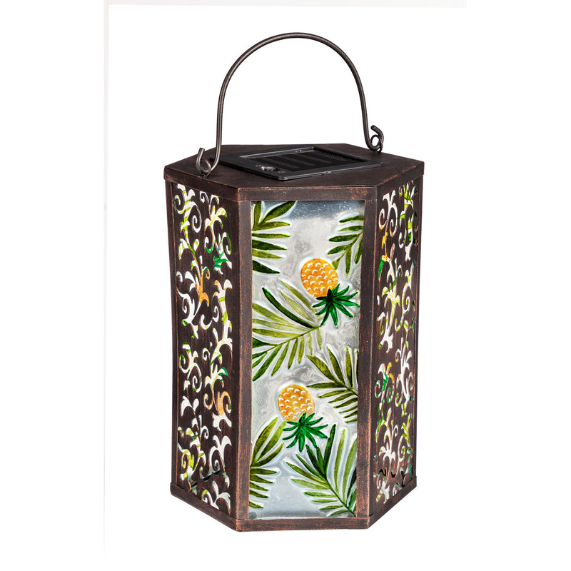 Handpainted Embossed Glass and Metal Solar Lantern, Tropical Pineapple,5.31"x5.91"x8.27"inches