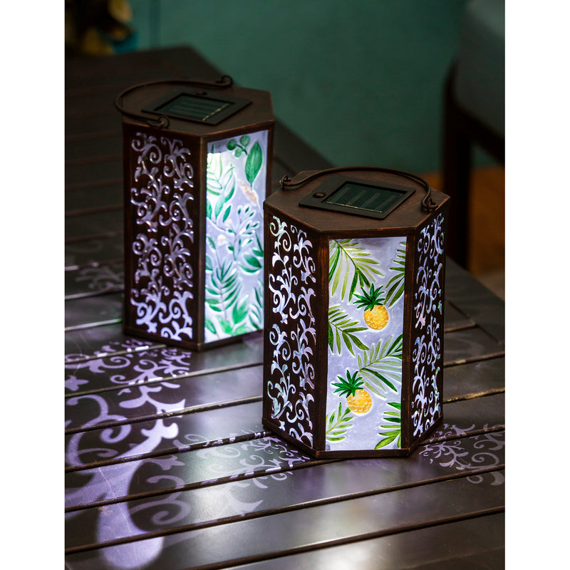 Handpainted Embossed Glass and Metal Solar Lantern, Tropical Pineapple,5.31"x5.91"x8.27"inches