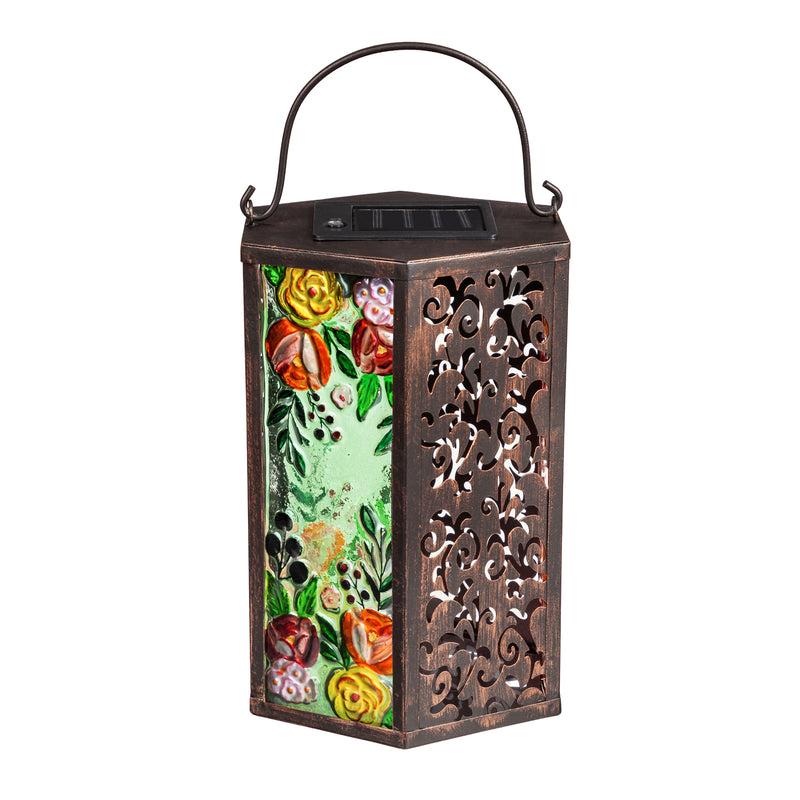Handpainted Embossed Glass and Metal Solar Lantern, Soft Florals,2sp6626