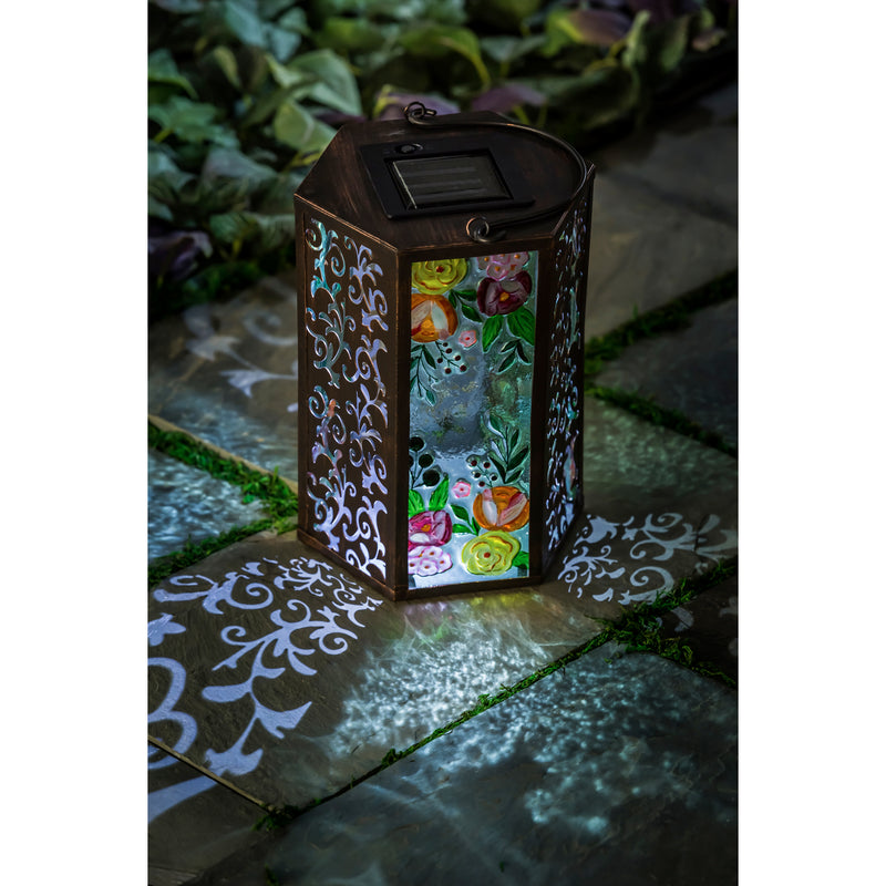 Handpainted Embossed Glass and Metal Solar Lantern, Soft Florals,5.31"x5.91"x8.27"inches