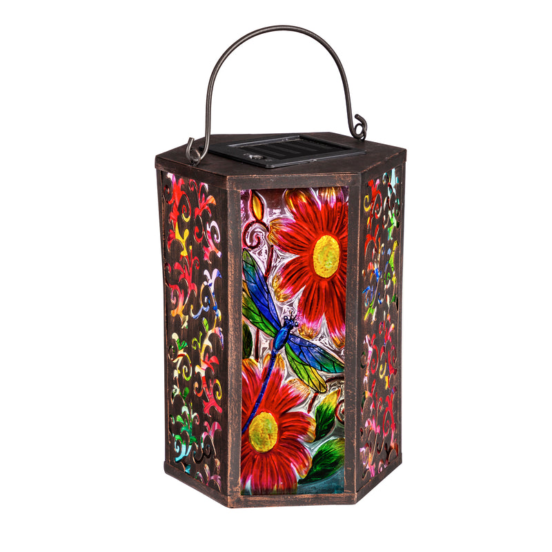 Handpainted Embossed Glass and Metal Solar Lantern, Garden Dragonfly,5.31"x5.91"x8.27"inches