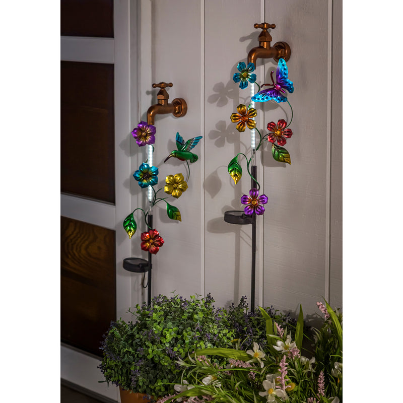36.5"H Dripping Water Solar Faucet Garden Stake, 2 ASST, Butterfly and Hummingbird, 1.77"x8.07"x36.61"inches