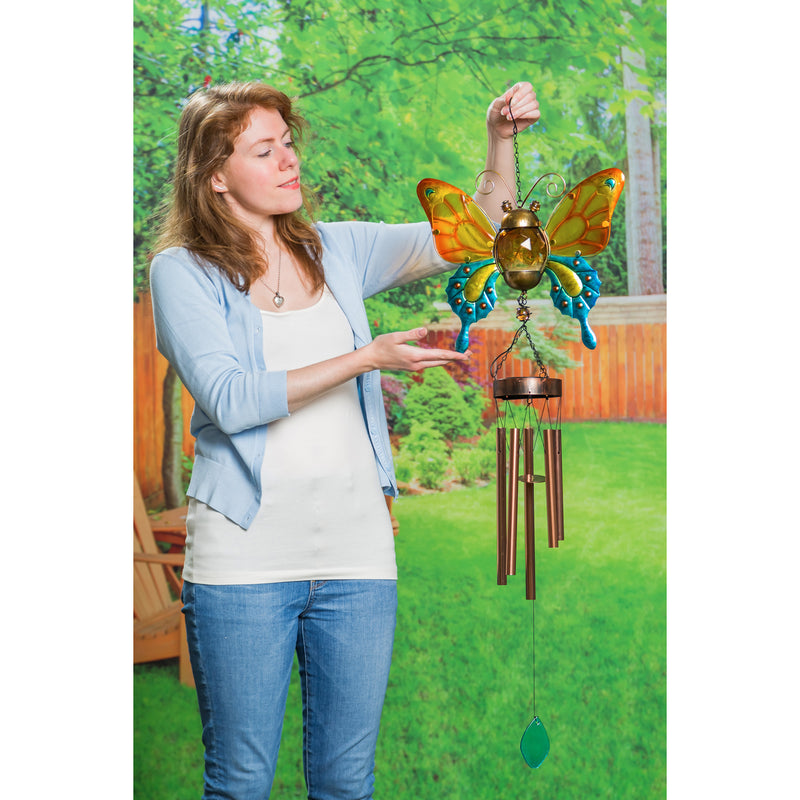 Evergreen Twinkling Light Solar Glass and Metal Butterfly Wind Chime, 2 ASST., 13.4'' x 4.3'' x 43.3'' inches.